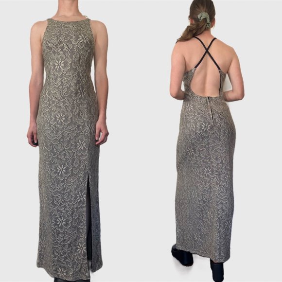 Vintage 90s Formal Gown, 1990s Gold Silver Metallic Sexy Prom Dress - Picture 1 of 10